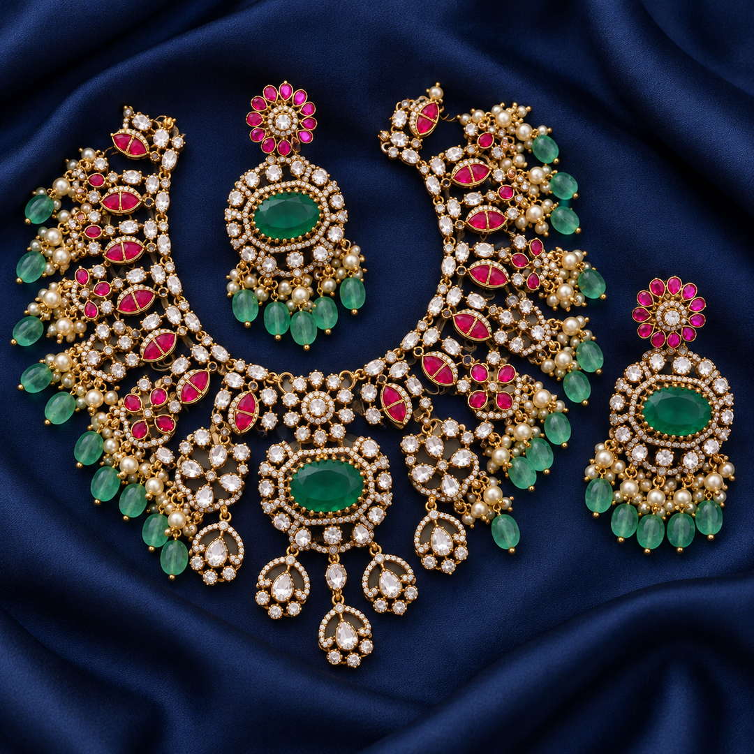 Exquisite Floral Short Necklace with Green Beads - Sparkle & Glow