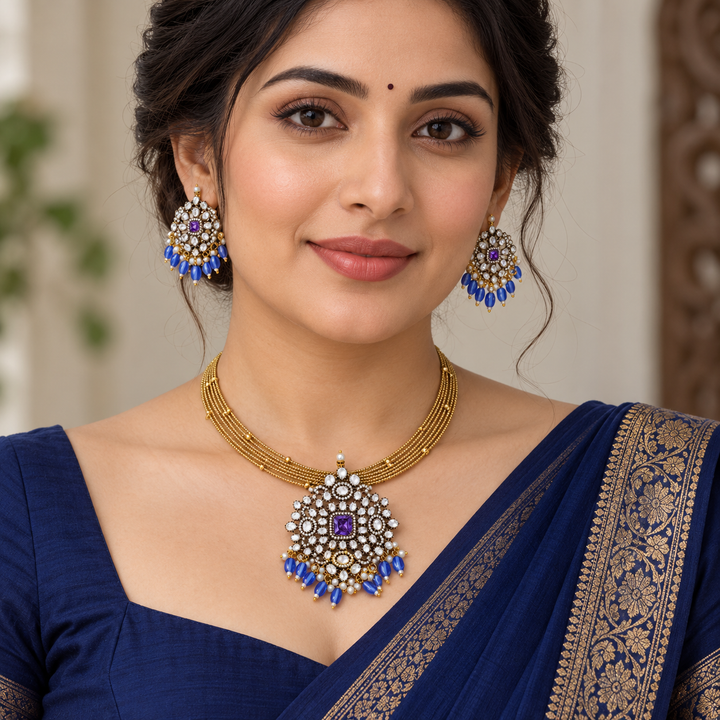 Victorian Blue Bead Necklace Set for Festive Glam