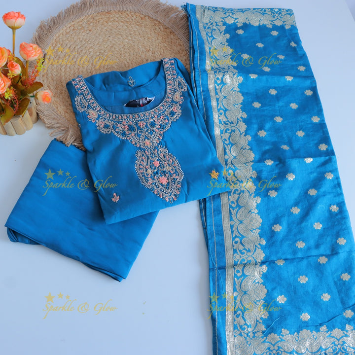 Gorgeous Roman Silk Kurti pant with Banarasi jacquard Dupatta set- Blue