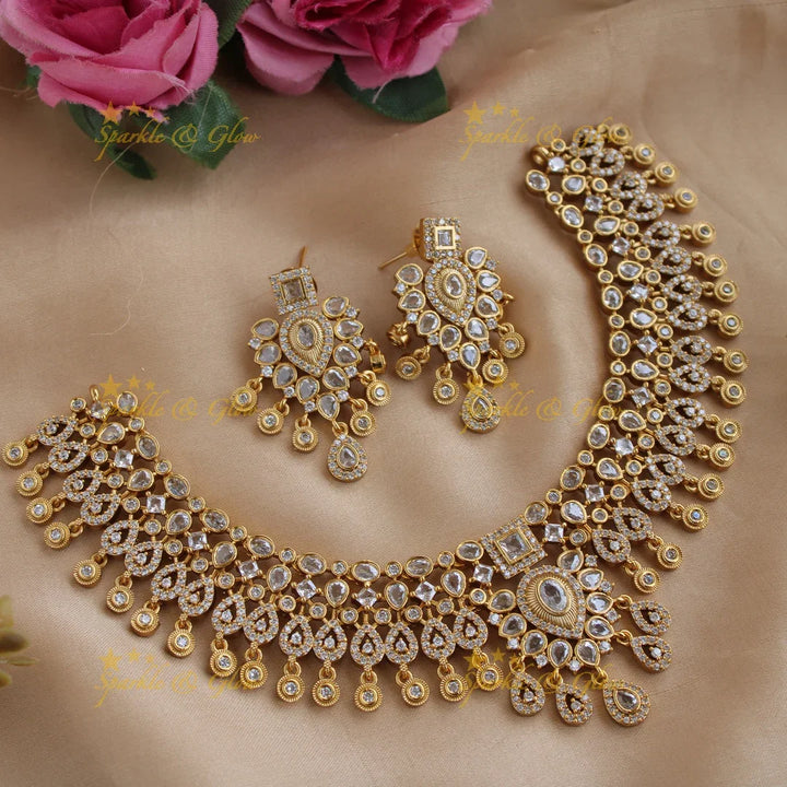 Stunning water drop floral design short necklace with CZ stones - red white - Sparkle and Glow