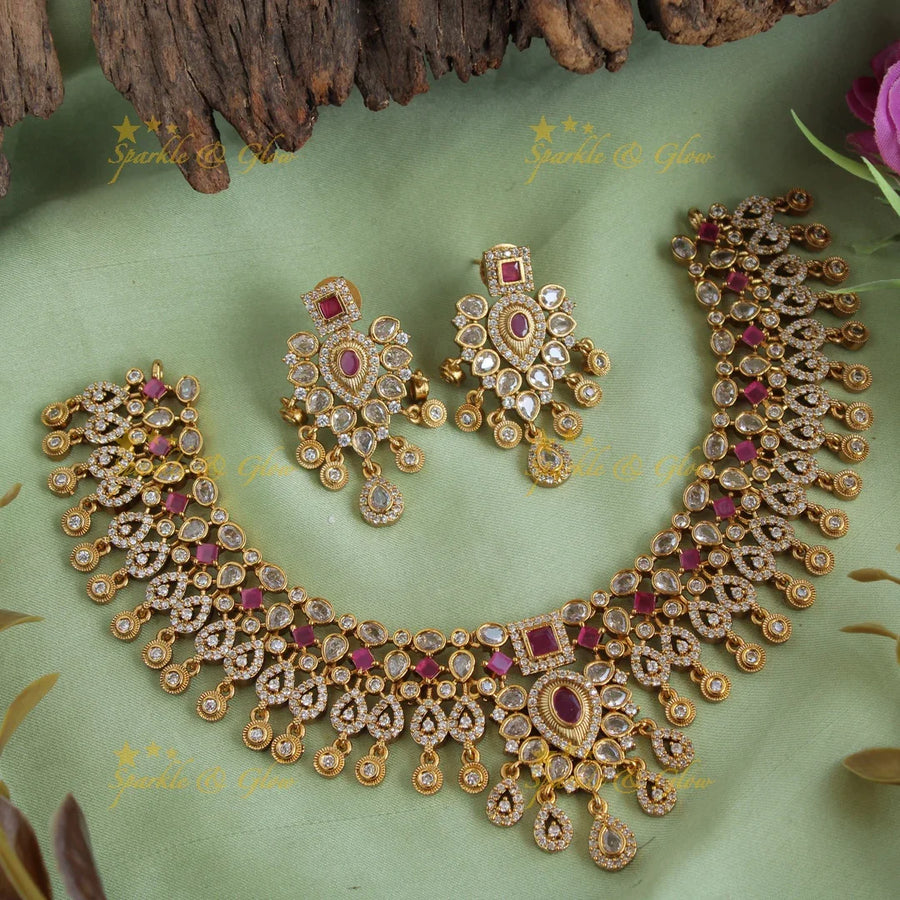 Stunning water drop floral design short necklace with CZ stones - red white - Sparkle and Glow