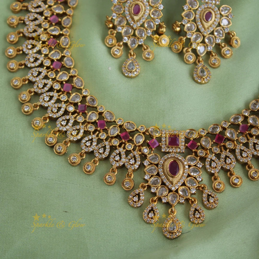 Stunning water drop floral design short necklace with CZ stones - red white - Sparkle and Glow