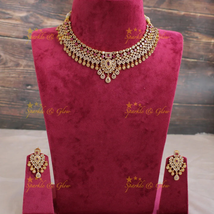 Stunning water drop floral design short necklace with CZ stones - red white - Sparkle and Glow