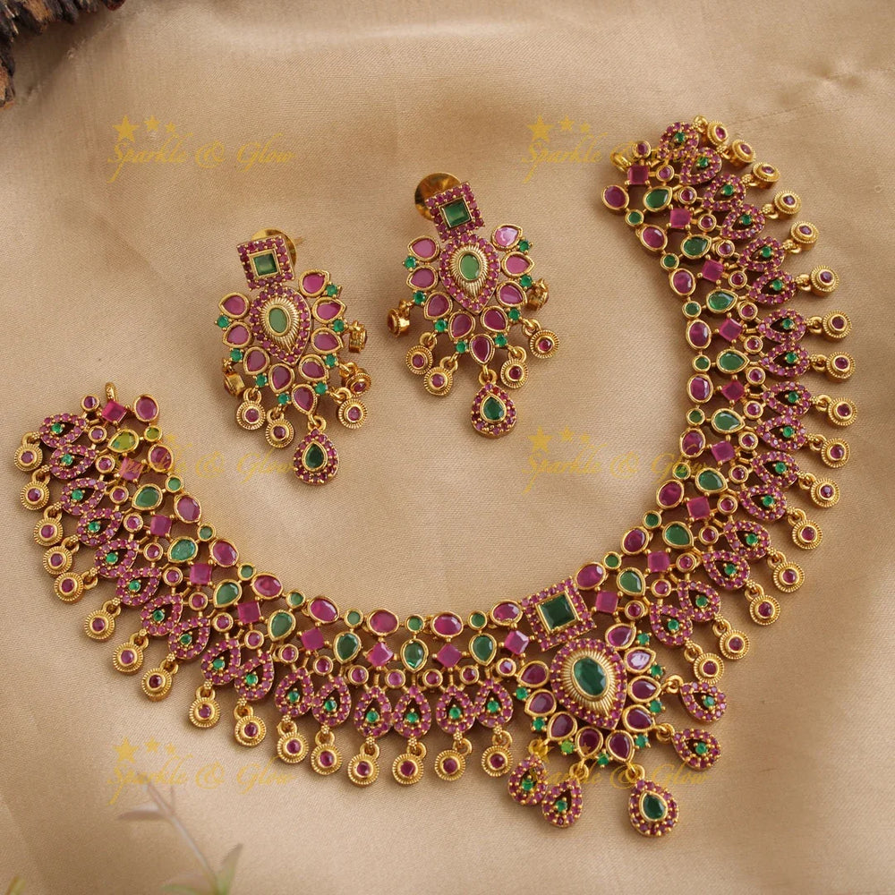 Stunning water drop floral design short necklace with CZ stones - red white - Sparkle and Glow