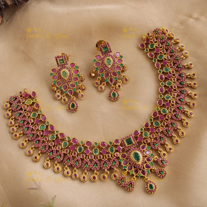 Stunning water drop floral design short necklace with CZ stones - red white - Sparkle and Glow