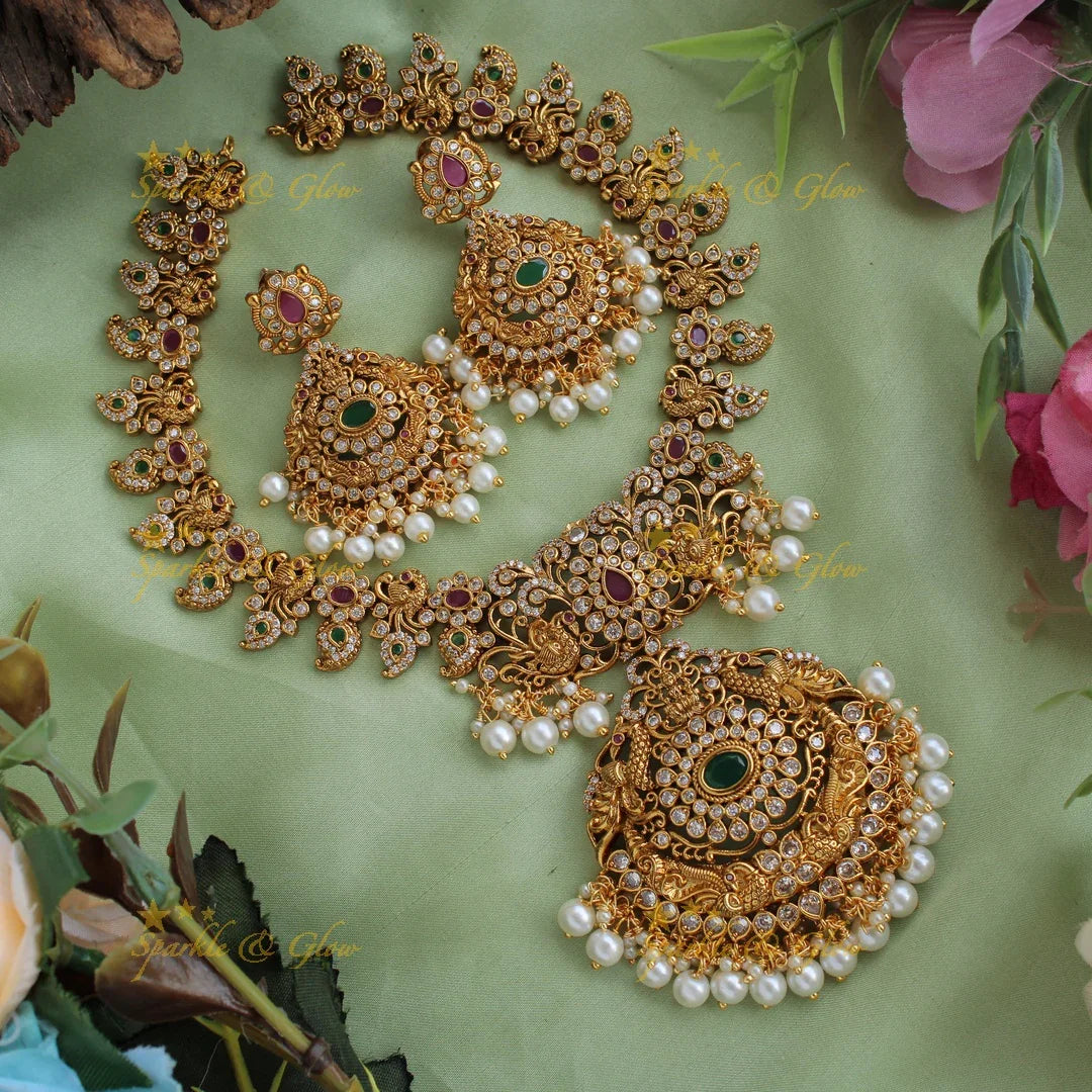 Statement Lakshmi peacock floral design mango short necklace with CZ stones pearls ruby and emerald - Sparkle and Glow
