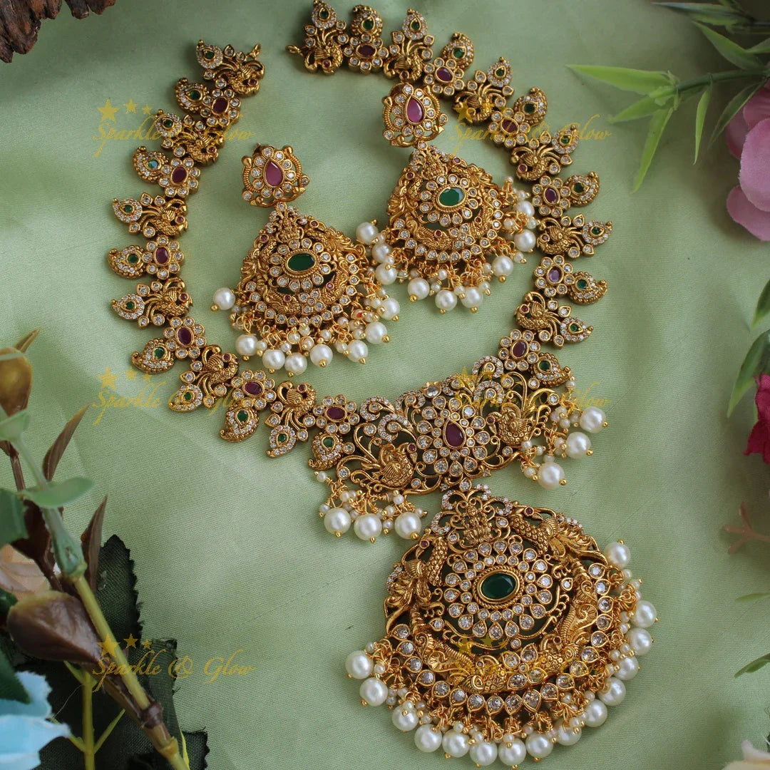 Statement Lakshmi peacock floral design mango short necklace with CZ stones pearls ruby and emerald - Sparkle and Glow