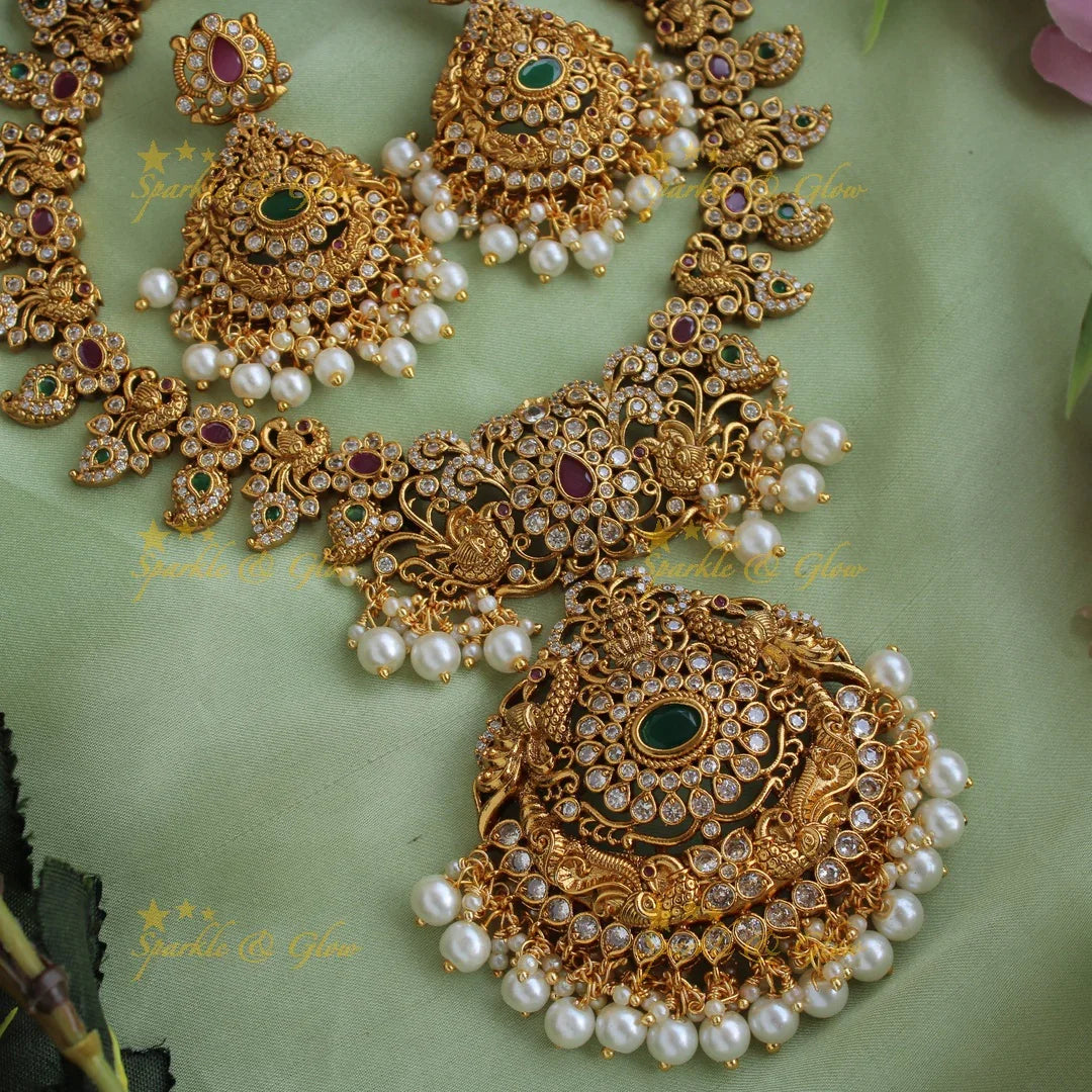 Statement Lakshmi peacock floral design mango short necklace with CZ stones pearls ruby and emerald - Sparkle and Glow