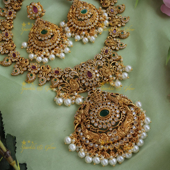 Statement Lakshmi peacock floral design mango short necklace with CZ stones pearls ruby and emerald - Sparkle and Glow
