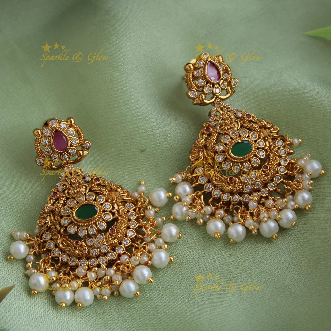 Statement Lakshmi peacock floral design mango short necklace with CZ stones pearls ruby and emerald - Sparkle and Glow
