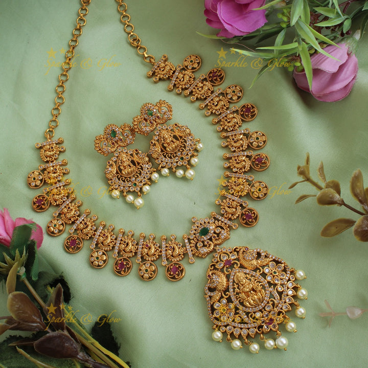 Elegant Lakshmi peacock and floral drops short necklace with CZ stones pearls ruby and emerald