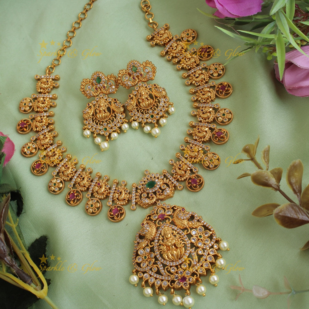 Elegant Lakshmi peacock and floral drops short necklace with CZ stones pearls ruby and emerald