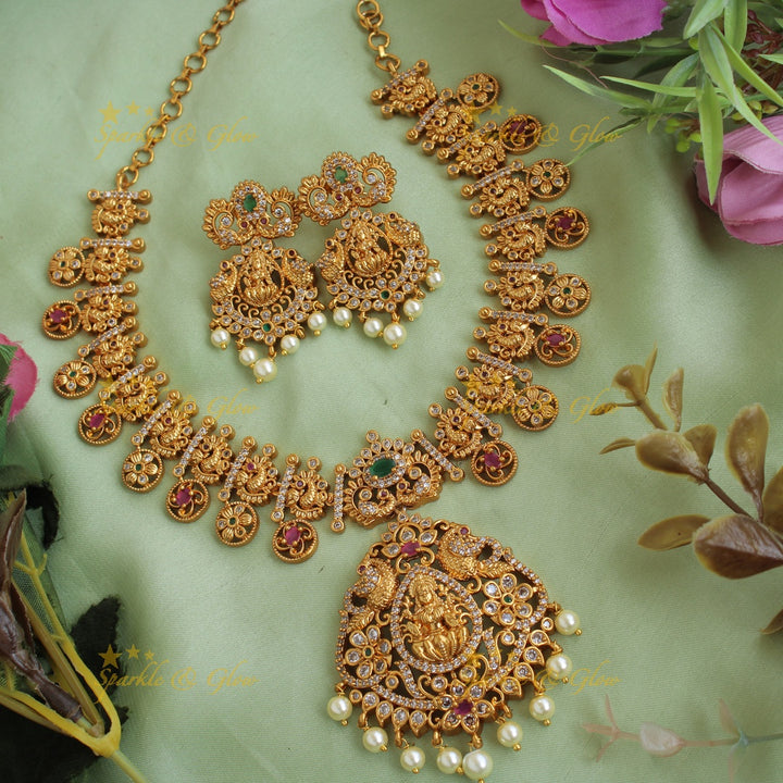 Elegant Lakshmi peacock and floral drops short necklace with CZ stones pearls ruby and emerald