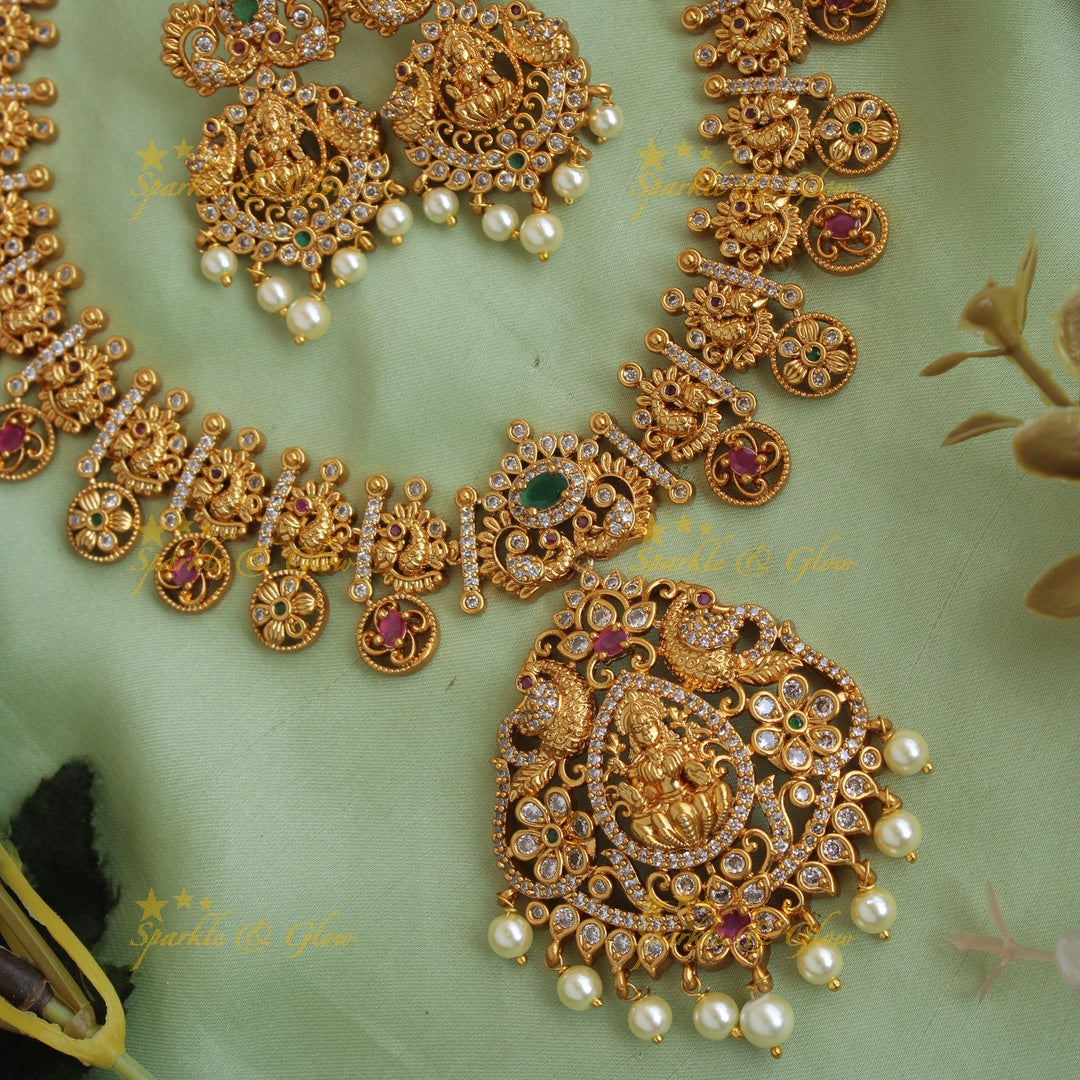 Elegant Lakshmi peacock and floral drops short necklace with CZ stones pearls ruby and emerald