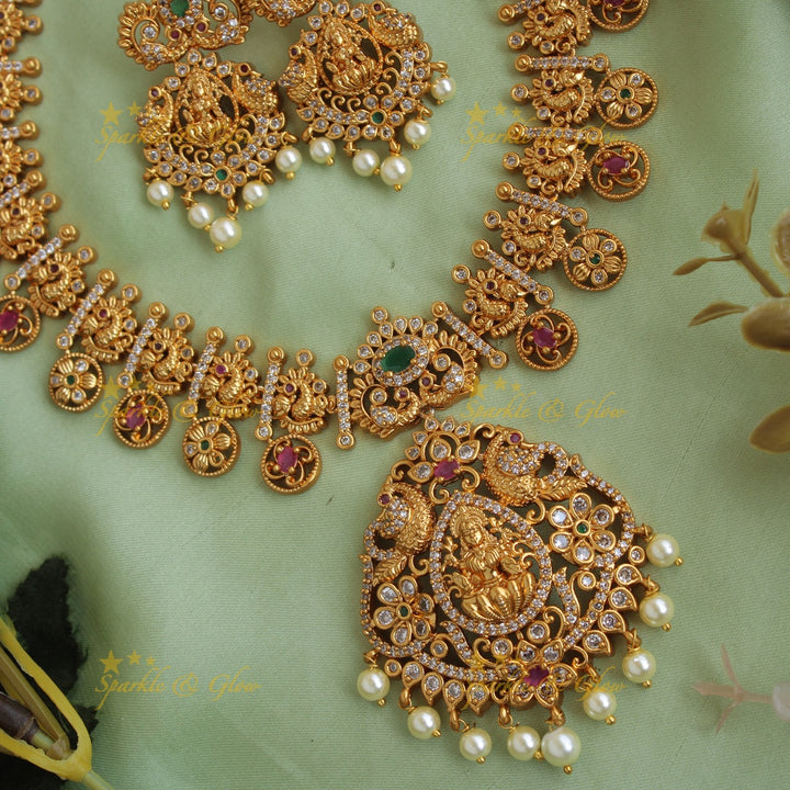 Elegant Lakshmi peacock and floral drops short necklace with CZ stones pearls ruby and emerald