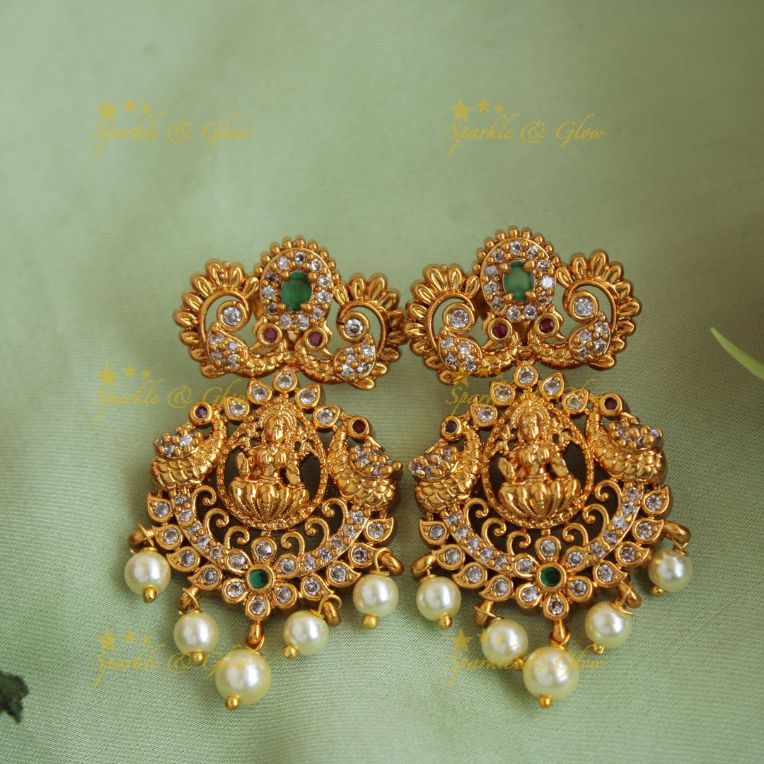 Elegant Lakshmi peacock and floral drops short necklace with CZ stones pearls ruby and emerald