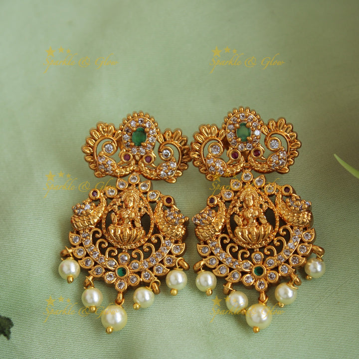 Elegant Lakshmi peacock and floral drops short necklace with CZ stones pearls ruby and emerald