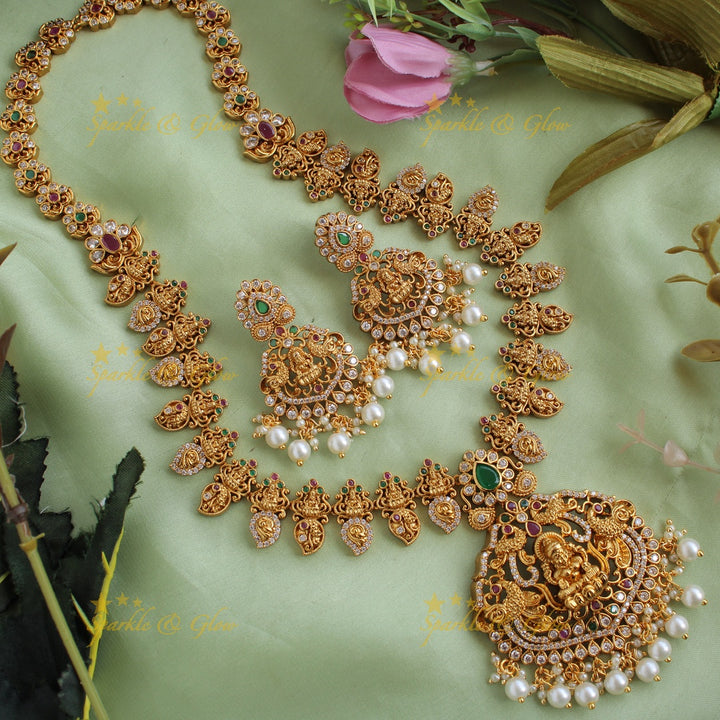 Grand Lakshmi Peacock carved mango long necklace with CZ stones ruby emerald and pearls