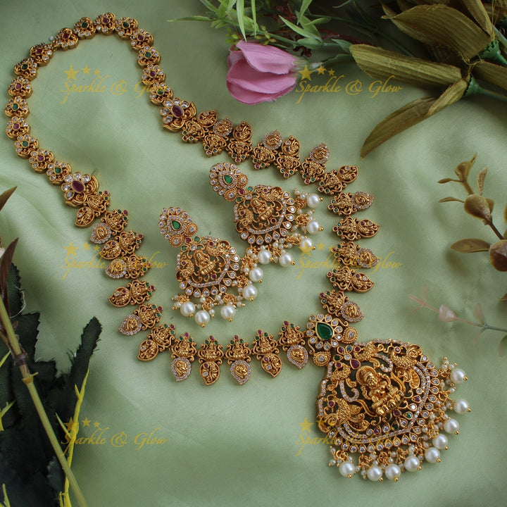 Grand Lakshmi Peacock carved mango long necklace with CZ stones ruby emerald and pearls