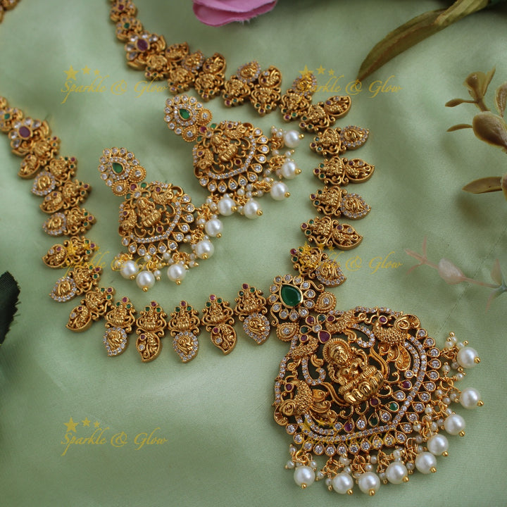 Grand Lakshmi Peacock carved mango long necklace with CZ stones ruby emerald and pearls