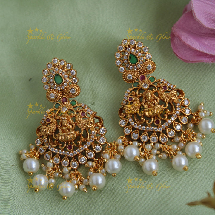 Grand Lakshmi Peacock carved mango long necklace with CZ stones ruby emerald and pearls