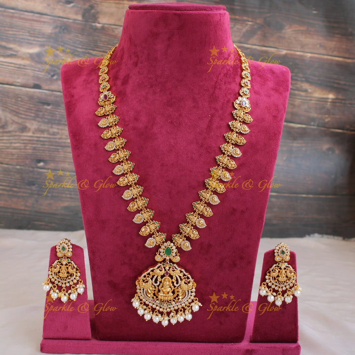 Grand Lakshmi Peacock carved mango long necklace with CZ stones ruby emerald and pearls