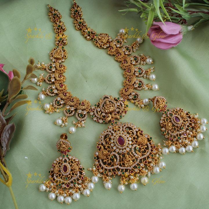 Elegant Lakshmi Peacock carved gutta pusalu long necklace with CZ stones ruby and emerald