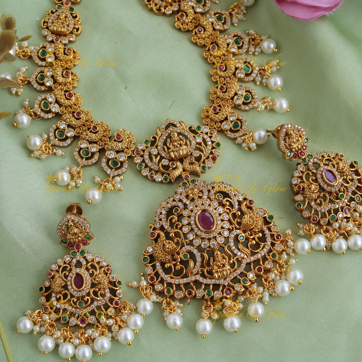 Elegant Lakshmi Peacock carved gutta pusalu long necklace with CZ stones ruby and emerald