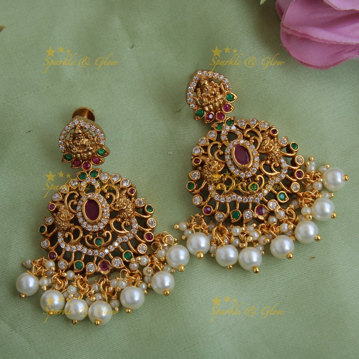 Elegant Lakshmi Peacock carved gutta pusalu long necklace with CZ stones ruby and emerald