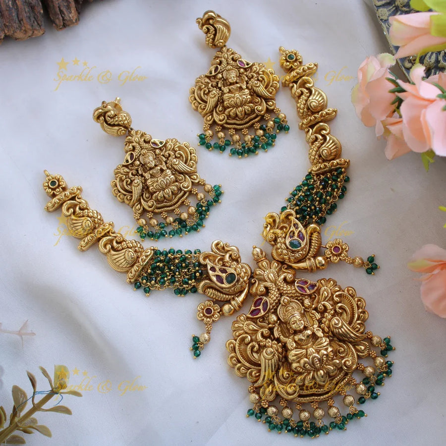 Beautiful intricate Lakshmi peacock carved short necklace with cluster beads - green - Sparkle and Glow
