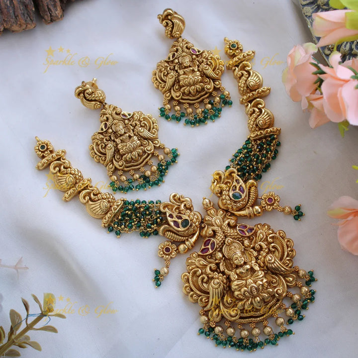 Beautiful intricate Lakshmi peacock carved short necklace with cluster beads - green - Sparkle and Glow
