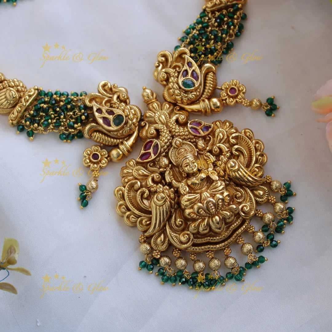 Beautiful intricate Lakshmi peacock carved short necklace with cluster beads - green - Sparkle and Glow