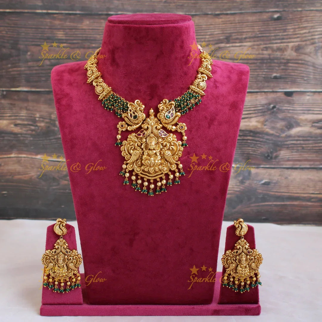 Beautiful intricate Lakshmi peacock carved short necklace with cluster beads - green - Sparkle and Glow