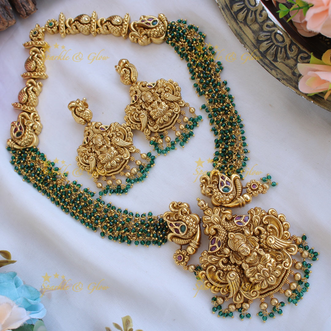 Grand intricate Lakshmi peacock carved long necklace with cluster beads - red