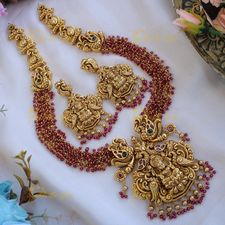Grand intricate Lakshmi peacock carved long necklace with cluster pearls