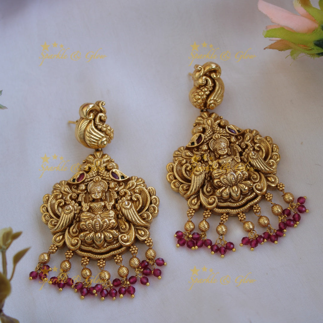 Grand intricate Lakshmi peacock carved long necklace with cluster beads - red