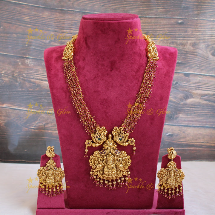 Grand intricate Lakshmi peacock carved long necklace with cluster beads - red