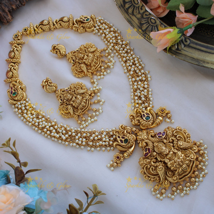 Grand intricate Lakshmi peacock carved long necklace with cluster pearls
