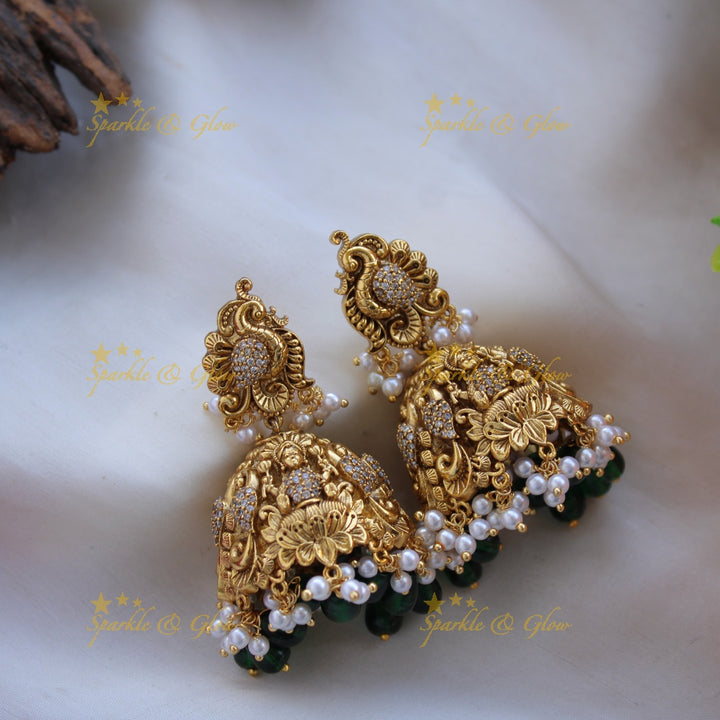 Elegant Lakshmi peacock carved short necklace with CZ stones and green beads