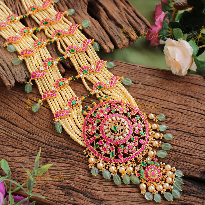 Exclusive Peacock floral design jadau Rani haram with multi layer green beads chain and pearls