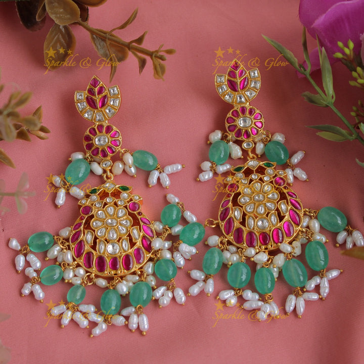 Gorgeous Peacock and floral design jadau long necklace with green beads and rice pearls