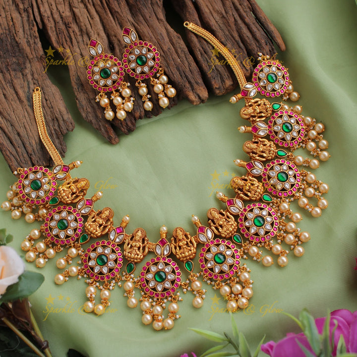 Beautiful Lakshmi floral moon jadau short necklace with pearl drops