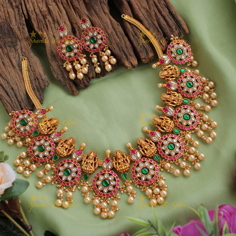 Beautiful Lakshmi floral moon jadau short necklace with pearl drops - Sparkle and Glow