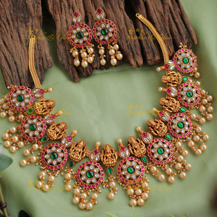 Beautiful Lakshmi floral moon jadau short necklace with pearl drops