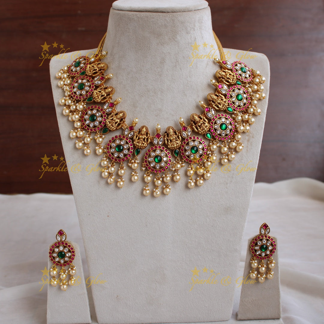 Beautiful Lakshmi floral moon jadau short necklace with pearl drops