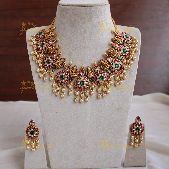 Beautiful Lakshmi floral moon jadau short necklace with pearl drops