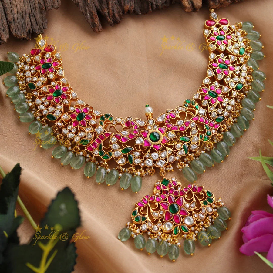 Elegant floral peacock carved jadau short necklace with green beads - Sparkle and Glow