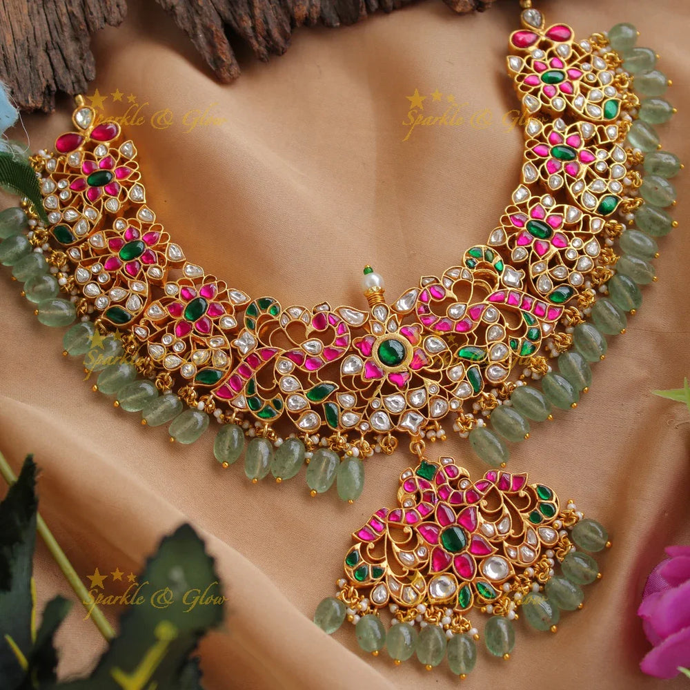 Elegant floral peacock carved jadau short necklace with green beads - Sparkle and Glow