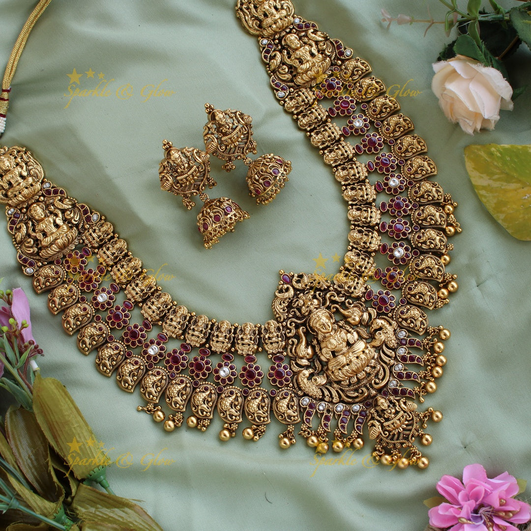Grand gold alike Lakshmi peacock floral kemp stone layer bridal long necklace with gold beads