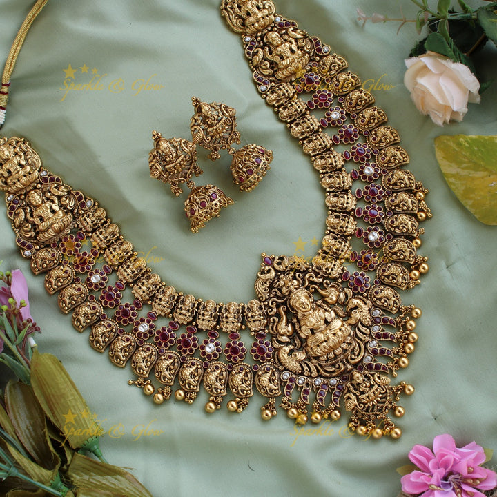 Grand gold alike Lakshmi peacock floral kemp stone layer bridal long necklace with gold beads